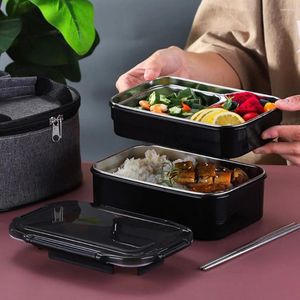 Servies 1 Set Roestvrijstalen Lunchbox Thermische Kantoor Bento Container (Zwart)