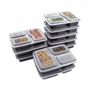 Vaisselle 10 pièces boîte à repas jetable 3 compartiments micro-ondes stockage Bento (noir avec couvercle)