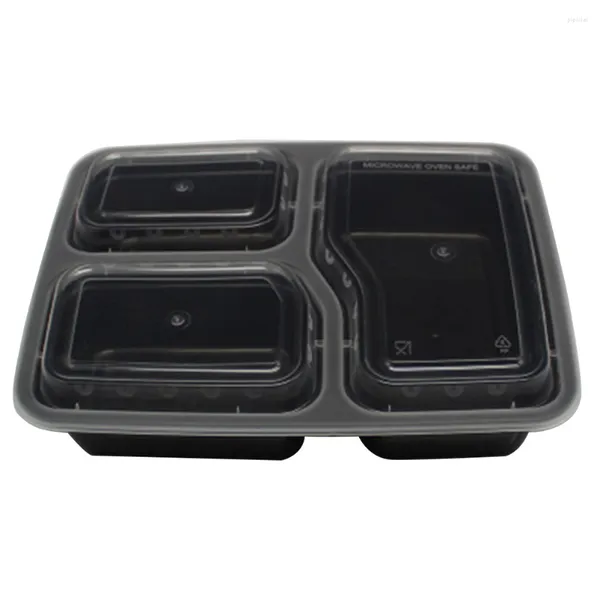 Vaisselle 10pcs Récipients de préparation de repas jetables Boîte à bento de stockage au micro-ondes à 3 compartiments (noir avec couvercle)