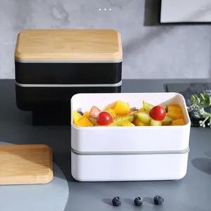 Vaisselle 1400 ml mode couvercle en bois boîte à déjeuner double couche portable micro-ondes bento récipient en plastique sain