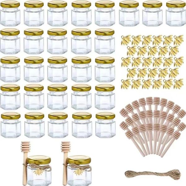 Dîne 20pcs Hexagon mini pots de miel en verre avec pendentifs d'abeilles en bois et jutes pour baby shower mariage faveurs fête