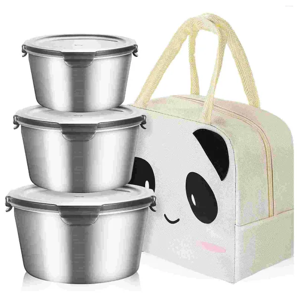 Vaisselle 3 pièces Bento boîte à déjeuner 400/600/1100ML conteneurs en acier inoxydable avec sac pour pique-nique de cuisine