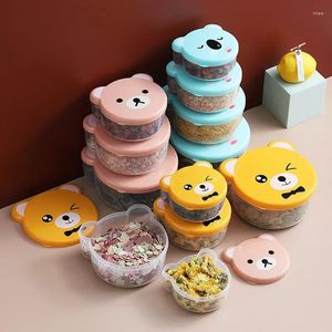 Dinware 4pcs Kinderen Cartoon Bento Box Cute Bear Lunch Outdoor Storage Kitchen Container Kinderen Student Magnetron