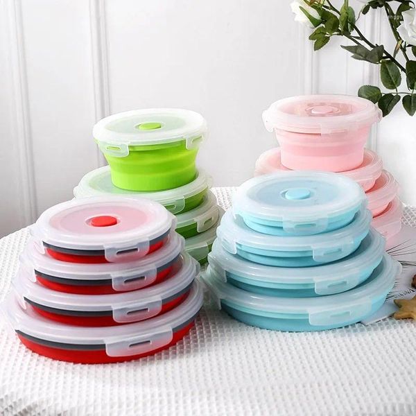 Vaisselle 4 pièces/ensemble boîte à déjeuner pliante en Silicone avec couvercle ensemble de bol de Camping de pique-nique Portable Kit de vaisselle de cuisine salade de fruits pliable