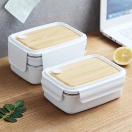 Vaisselle 500/1400ML Boîte à déjeuner Bento en acier inoxydable pour enfants Récipient de stockage thermique japonais portable avec couvercle en grain de bois