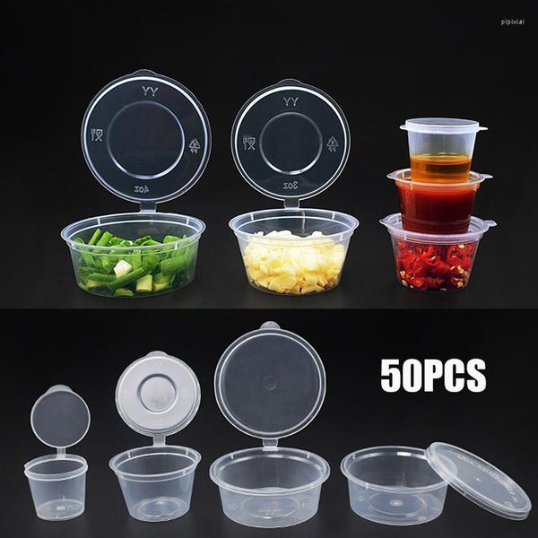 Vajilla, 50 Uds., 25/30/40ml, recipientes de plástico para tazas de salsa para llevar, caja con tapas con bisagras, paleta de pintura de pigmento desechable