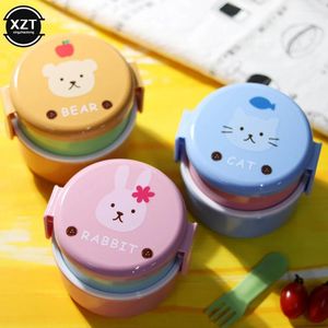 Vaisselle 540 ml mignon animal boîte à déjeuner japonais double couche ronde mini bento enfants collation aux fruits micro-ondes enfants