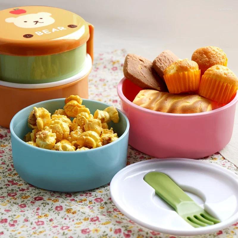 Dinnerware 540ml Cute Mini Lunch Box Cartoon Double-layer Round Bento Children's Fruit Snack Microwave Kids