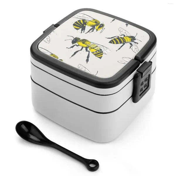 Vajilla Abejas Caja Bento Almuerzo portátil Contenedor de almacenamiento de paja de trigo Patrón de insectos de abeja Dibujado a mano Amarillo Negro Personalizado