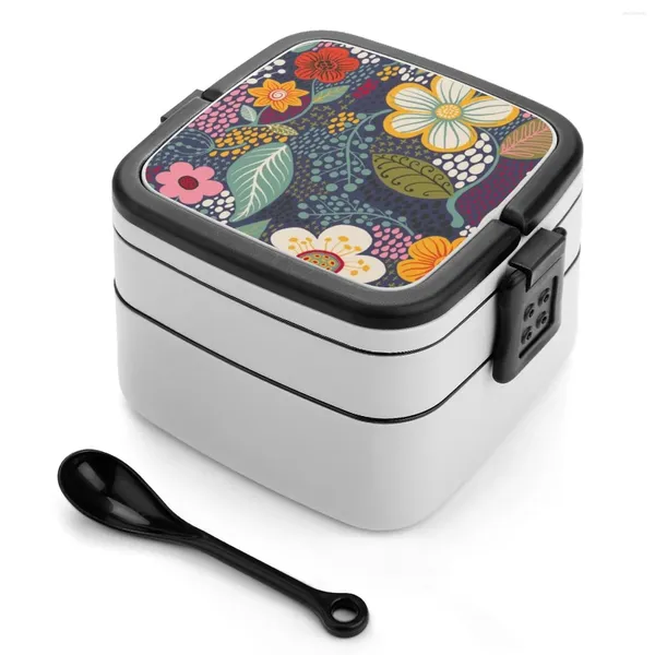 Vaisselle Bento boîte étanche déjeuner carré avec compartiment motif de Surface de fleur florale bleu marine jaune