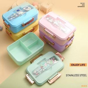 Servies Bento Lunchbox Voor Kinderen Meisjes Cartoon Studenten Kawaii Leuke Dinosaurus Verwarmd 3 Raster Sandwich Snack Voedsel Speciale Kantine