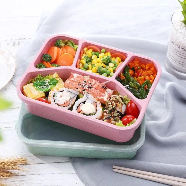 Vajilla Bento Caja de almuerzo de paja de trigo Contenedores de preparación de comidas de 4 compartimentos Escuelas de almacenamiento reutilizables duraderas para niños