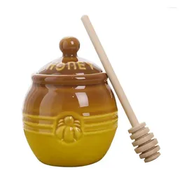 Vajilla de cerámica para tarro de miel, recipiente con decoración de abeja, palo agitador de madera y cubierta de sellado, pequeño para el hogar