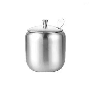 Vaisselle Pot à condiments avec couvercle cuillère stockage ménager en acier inoxydable argent petit sel assaisonnement JarContainer café sucrier