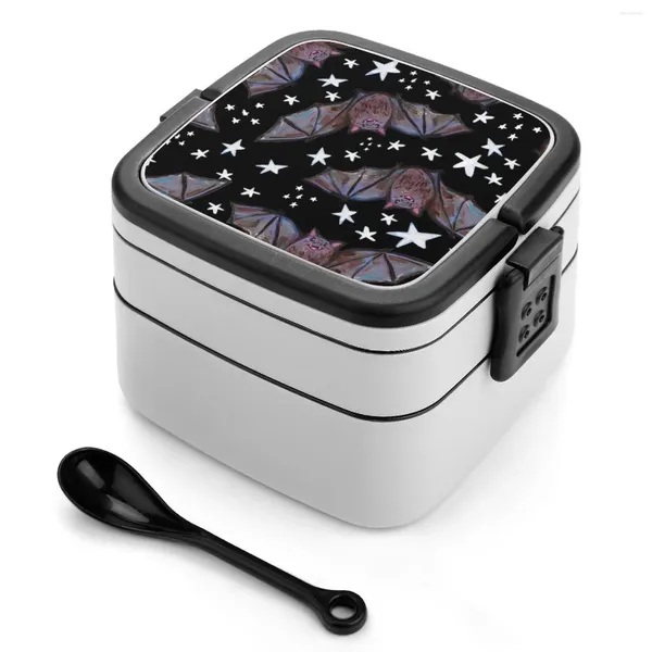 Vajilla Espeluznante Lindo Pintado A Mano Patrón De Murciélago De Halloween Caja Bento Almuerzo Contenedor Térmico 2 Capas Saludable Kawaii