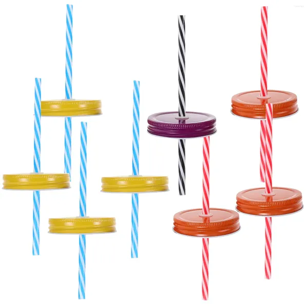 Couvercles de bocaux Mason décoratifs à bouche régulière, vaisselle avec trou de paille, 8 pailles en plastique rayées, 1 jeu de brosses (couleur aléatoire)