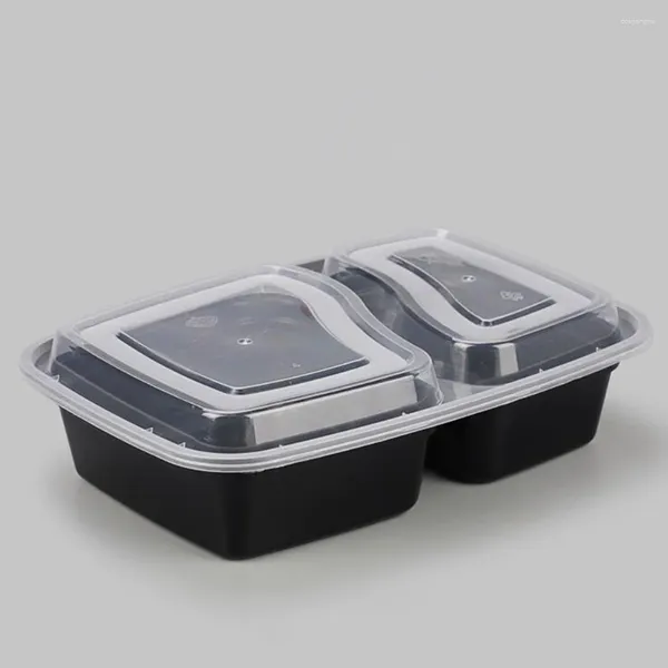Vaisselle jetable, conteneurs de préparation de repas, boîte de rangement à 2 compartiments, boîtes à déjeuner allant au micro-ondes (noir avec couvercle)