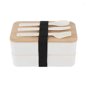 Boîtes à lunch à double couche pour une vaisselle avec des ustensiles couvercle en bois de grande capacité Microwavable Style pour l'école