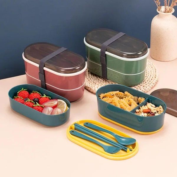 Vaisselle Double couche boîte à déjeuner avec fourchette cuillère baguettes étudiants employés de bureau Portable extérieur Bento PP matériel conteneur