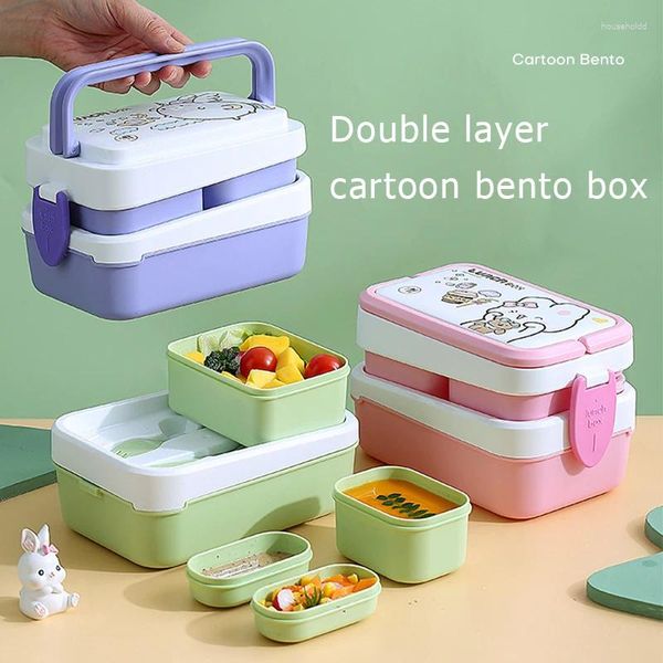 Vaisselle Double couche 1350ml, boîte à déjeuner micro-ondes, joli conteneur de stockage des aliments, Bento Portable pour enfants, école et bureau