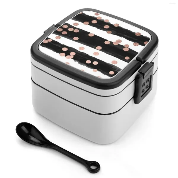 Vajilla Girly Rose Gold Confetti Black Acuarela Rayas Doble Capa Bento Box Almuerzo Ensalada