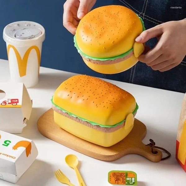 Vaisselle Hamburger boîte à déjeuner Double niveau mignon Burger Bento micro-ondes enfants école repas conteneur fourchette vaisselle ensemble cadeaux