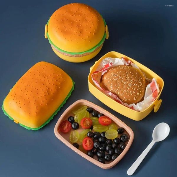 Vaisselle Hamburger boîte à déjeuner Double niveau Burger Bento micro-ondes enfants école conteneur vaisselle ensemble fruits frais-conservation