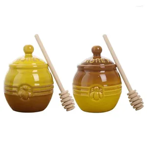 Vaisselle distributeur de miel décor d'abeille petits pots avec couvercle d'étanchéité bâton d'agitation en bois et