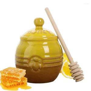 Pots à miel avec couvercles, vaisselle, pot en céramique, décor d'abeille rétro, bâton d'agitation en bois et couvercle d'étanchéité, petit récipient pour