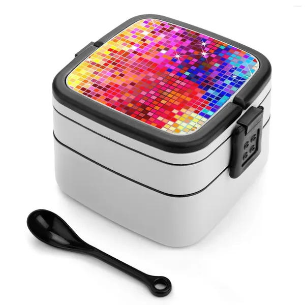 Imagen de vajilla de lentejuelas coloridas Look-Disco Ball Glitterpattern doble capa Bento Box Almuerzo portátil para niños Escuela de niños
