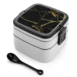 Vaisselle en marbre Double couche boîte à Bento déjeuner Portable pour enfants école or fond noir pierre veine sombre dalle abstraite