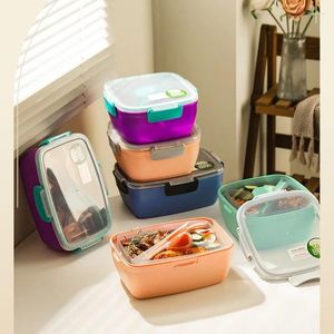 Servies voor een servies Portable Lunch Box Packed Work Container Dubbele laag Opslag Microgolf Plastic bedekt bestek kinderkantoor