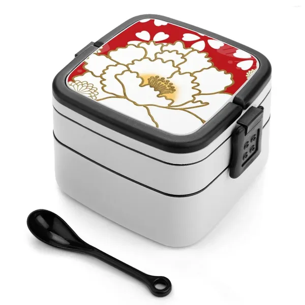 Vaisselle joli motif de pivoine japonaise sur boîte à Bento Double couche rouge salade de déjeuner Design Japandi