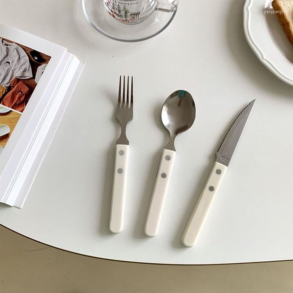 Ensembles de vaisselle 1/3 pièces en acier inoxydable ivoire blanc vaisselle ensemble de couverts portables cuillère couteau à Steak fourchette de Table ustensiles pour la cuisine