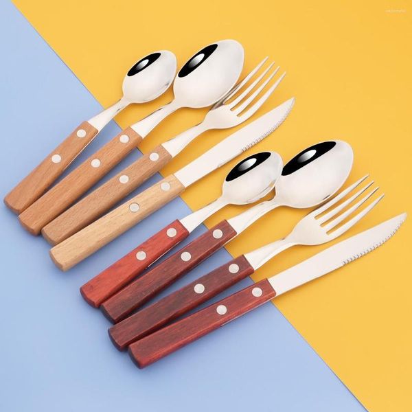 Conjuntos de vajilla 1/4 Uds. Juego de cubiertos con mango de madera colorido, vajilla de acero inoxidable 304, cuchillo, tenedor, cucharas de café, cubiertos de cocina