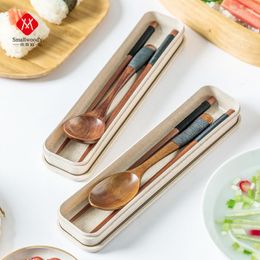 Dijkartikelen 1 paren Chopstick Lepels draagbare Japanse houten eetstokjes lepel bestek set reispak met doos servies