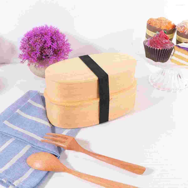 Ensembles de vaisselle 1 Pc Boîte à bento japonaise Récipient en bois à double couche avec couvercle pour pique-nique au bureau de l'école