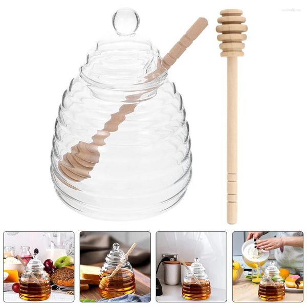 Conjuntos de vajilla 1 juego de tarro de soporte de miel con tapa con varilla de agitación Recipiente de almacenamiento de vidrio Cocina