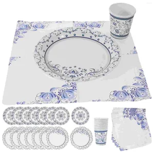 Dijksiesets 1 set themafeestje Bestek Kit Decoratieve blauwe en witte porseleinen printplaten servetten kopjes bekers
