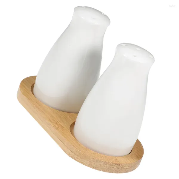 Conjuntos de vajillas 1 set Blanco Cerámica Pimienta Sal Shaker Portátil Polvo Harina Dispensador de especias con bandeja de madera