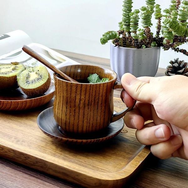 Ensembles de vaisselle 1 ensemble tasse à thé en bois avec soucoupe cuillère eau café lait boisson conteneur pour restaurant