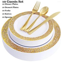 Juegos de vajillas 10 Invitados Platos de plástico de encaje dorado con platería elegante para fiestas de cumpleaños Boda