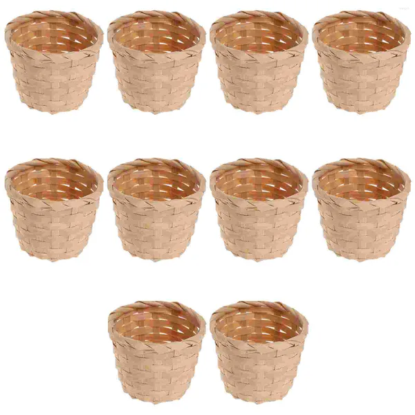 Ensembles De Vaisselle 10 Pcs Petit Faux Bambou Mini Panier De Fleurs Porte-Fruits Rack De Stockage 9X9X7.5CM Premium Kaki En Bois Fait À La Main Bureau