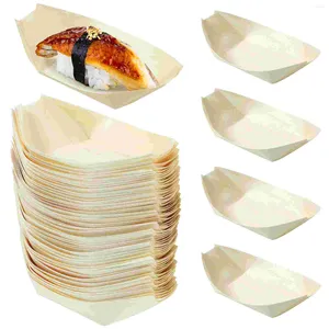Ensembles de vaisselle 100 pièces bol en bambou plateau à ustensiles Sushi conteneur Deli cônes bois bateau plats assiette jetable couverts