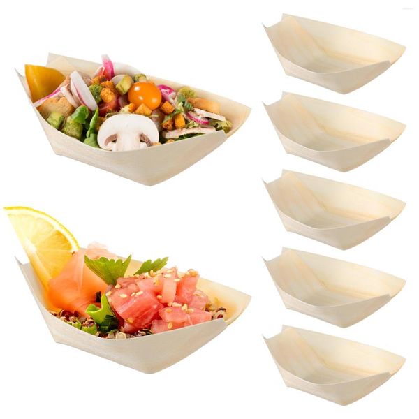 Ensembles de vaisselle 100 pièces jetables Sushi bois bateau dessert plateau de service palettes bol conteneur assiettes en papier
