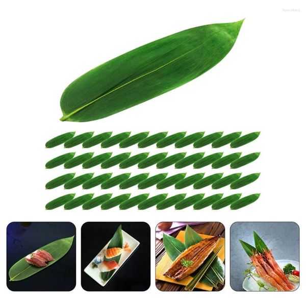 Conjuntos de vajilla 100 PCS Sushi Hojas de bambú Falsas para el plato Adorno Decoración Sashimi Hoja artificial Decorativo Japonés Mat Modificar