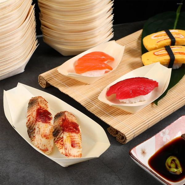 Ensembles de vaisselle 100 pièces plateaux de kayak en bois Sushi bateau boîte jetable Sashimi servant enfant