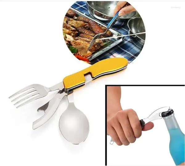 Ensembles de vaisselle 100 PC Portable pique-nique Camp cuillère pli Spork fourchette couverts vaisselle couteau couverts bouteille ouvre-boîte Multitool Multi outil