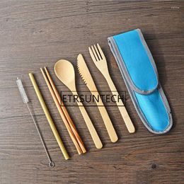 Dijksets Sets 100Sets Bamboo bestek set herbruikbare picknick outdoor flatware reisgerei stro lepel mes vorkborstel