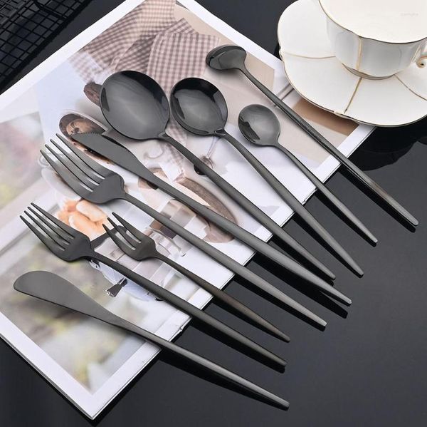 Ensembles de vaisselle 10 pièces couverts noirs vaisselle en acier inoxydable couteau à beurre fourchette à Dessert cuillères à thé ensemble vaisselle de cuisine occidentale